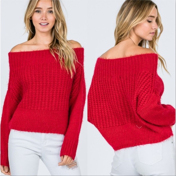 EVELYN Fuzzy Off Shoulder Sweater -RED - Picture 2 of 4